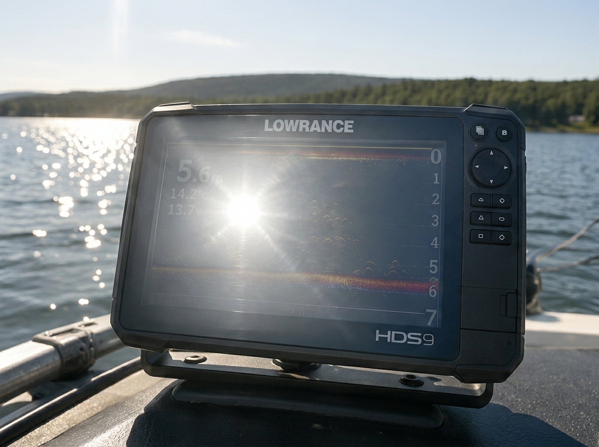 Fish finder screen affected by sunlight glare and reflections before using PikeTech PRO Visor