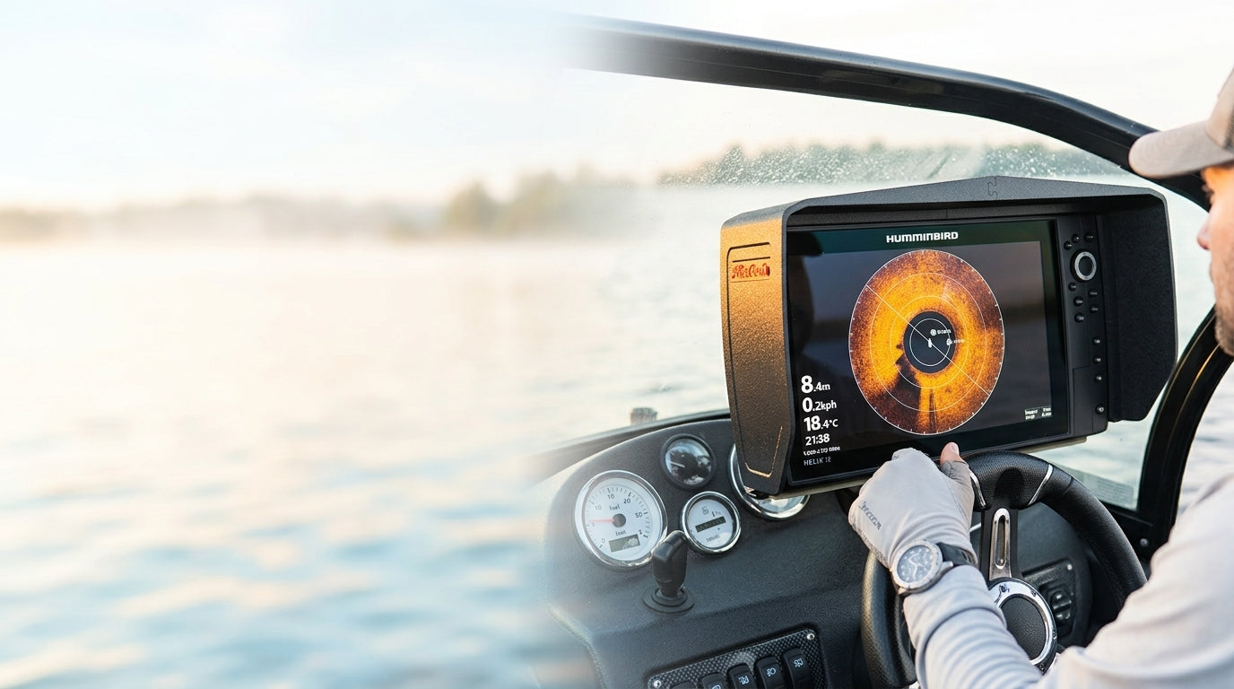 PikeTech PRO Visor installed on a fish finder during a fishing trip with improved screen visibility on the water