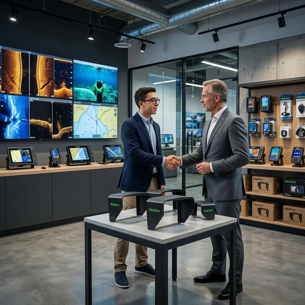 PikeTech founder shaking hands with business partner representing wholesale and distribution partnership for marine electronics accessories and fishing equipment network