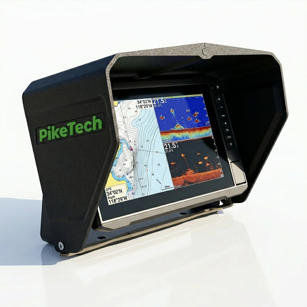 PikeTech PRO Visor reducing glare on fishfinder screen for clear sonar visibility under bright sunlight during fishing