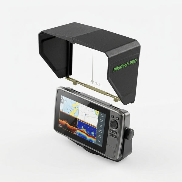 PikeTech PRO Visor quick installation on fishfinder showing secure fit and simple mounting process on marine electronics