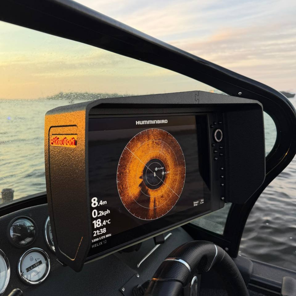 PikeTech PRO Visor installed on a Humminbird HELIX fish finder for improved visibility and glare reduction