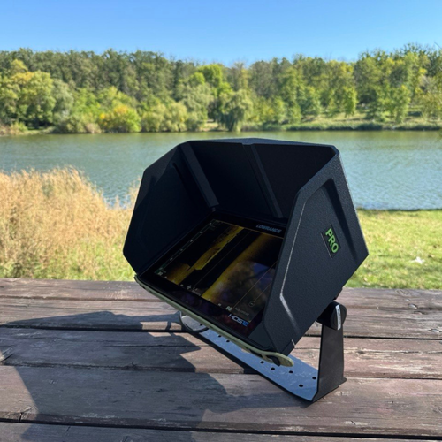 PikeTech PRO Visor installed on a Lowrance fish finder for improved screen visibility and glare reduction