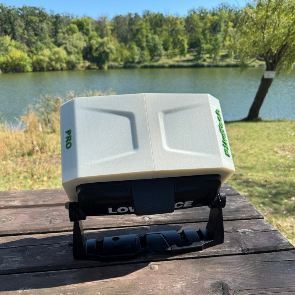 Side angle view showing the protective sun visor design for Lowrance fish finders