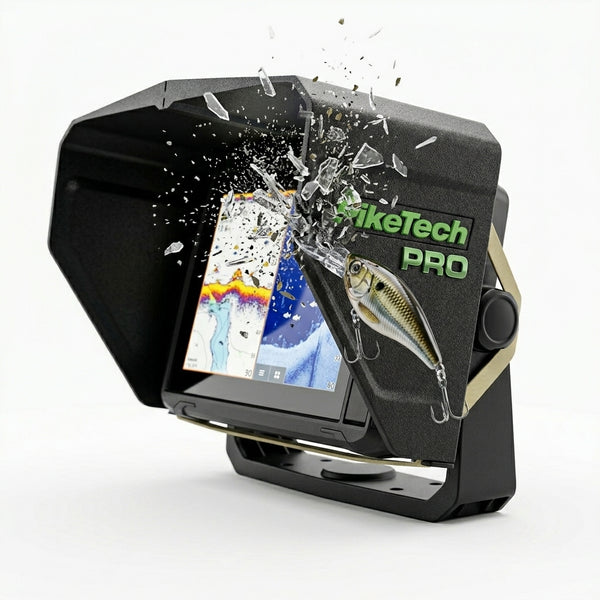 PikeTech PRO Visor providing added protection for fishfinder screen against impacts, fishing gear and daily marine use