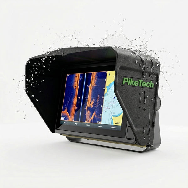 PikeTech PRO Visor protecting marine electronics display from water spray and rain while fishing on the water